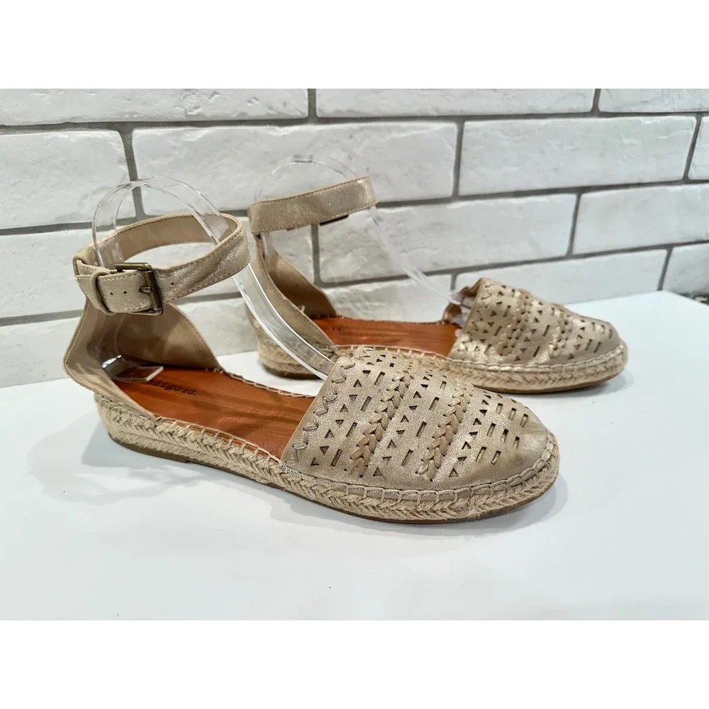 Indigo Rd Gold Laser Cut Ankle Strap Espadrille Flats Women's Size‎ 10M